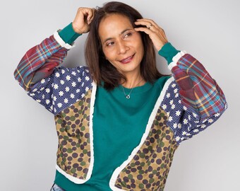 Patchwork Cotton Sweatshirt: Reworked Green Plaid & Floral Pullover