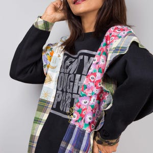 Patchwork sweater, Reworked pullover, Black sweater with plaid and floral patchwork, one of a kind reworked sweater, streetstyle pullover image 5