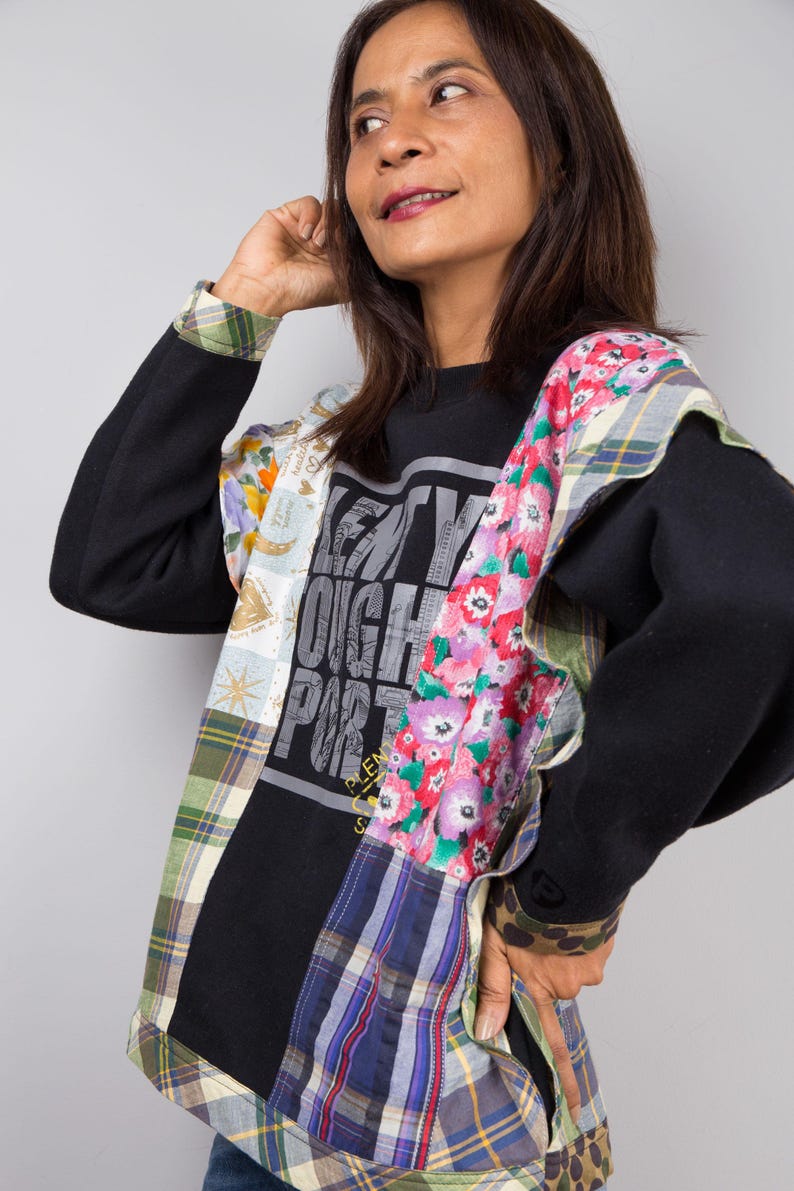 Patchwork sweater, Reworked pullover, Black sweater with plaid and floral patchwork, one of a kind reworked sweater, streetstyle pullover image 5