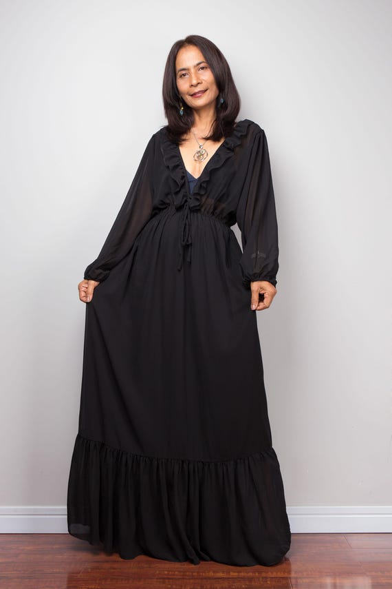 Black Chiffon Maxi Dress, Sheer Boho Ruffle Long Dress