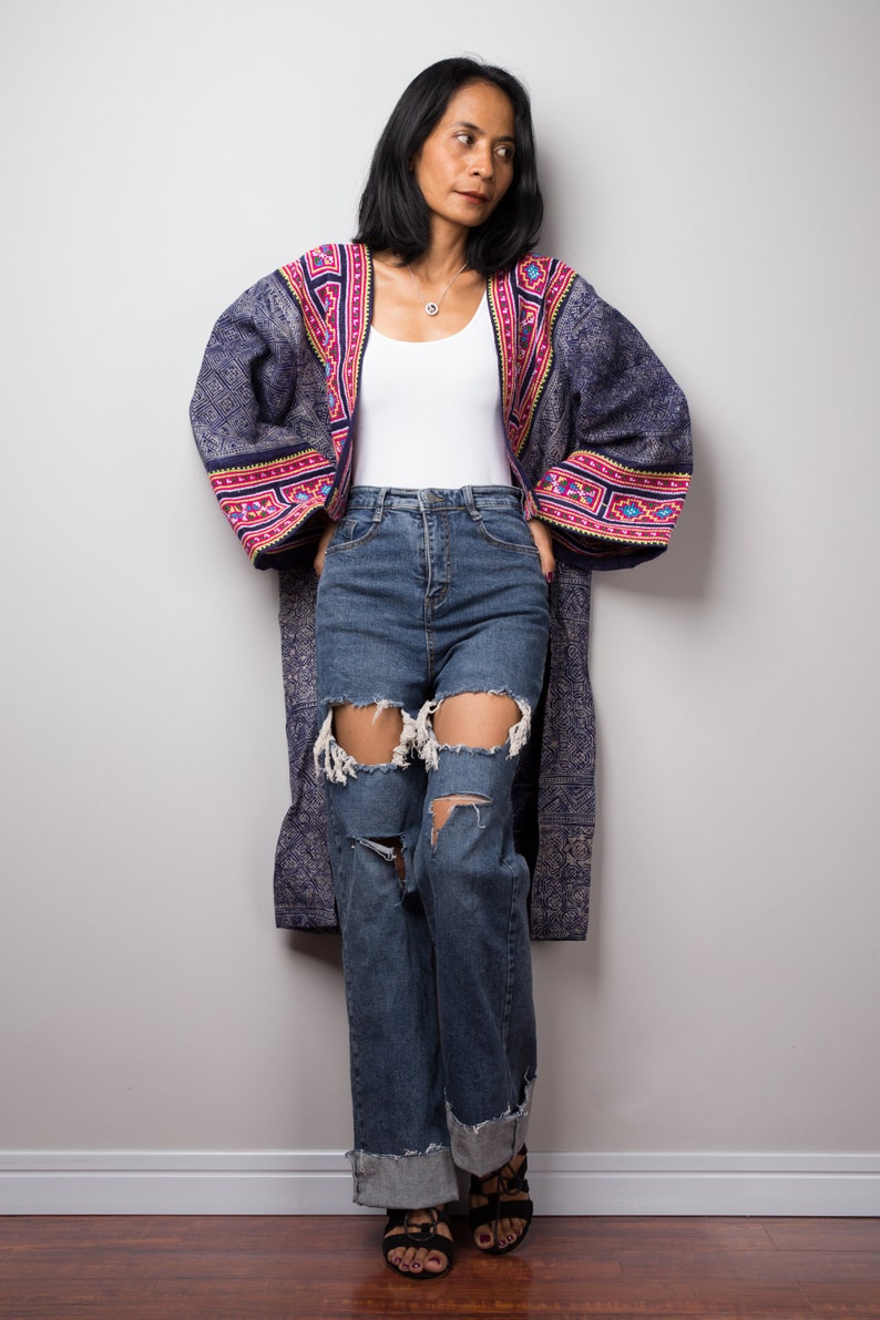 Vintage Hill tribe fabric design Hill tribe tunic Hand batik print on hemp Short Front Bohemian Chic tunic