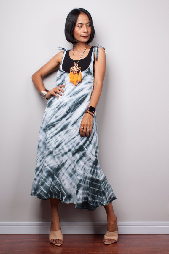 Tie Dye Strap Dress, Summer Dress, Shibori Dress, Black and White Dress, Festival Dress, Boho Dress