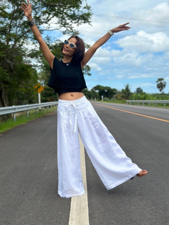 Buy Wide Linen Pants, White Palazzo Pants, Wide Leg Pants for Women, White Linen  Trousers, Summer Pants, White Trousers, High Waist Pants Online in India 