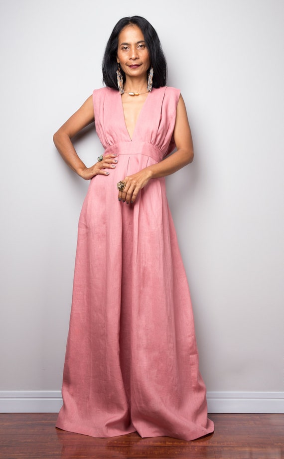Linen dress, Sleeveless pink maxi dress, Long Linen cocktail dress, Women's Evening dress, Summer holiday dress, Party dress OS2