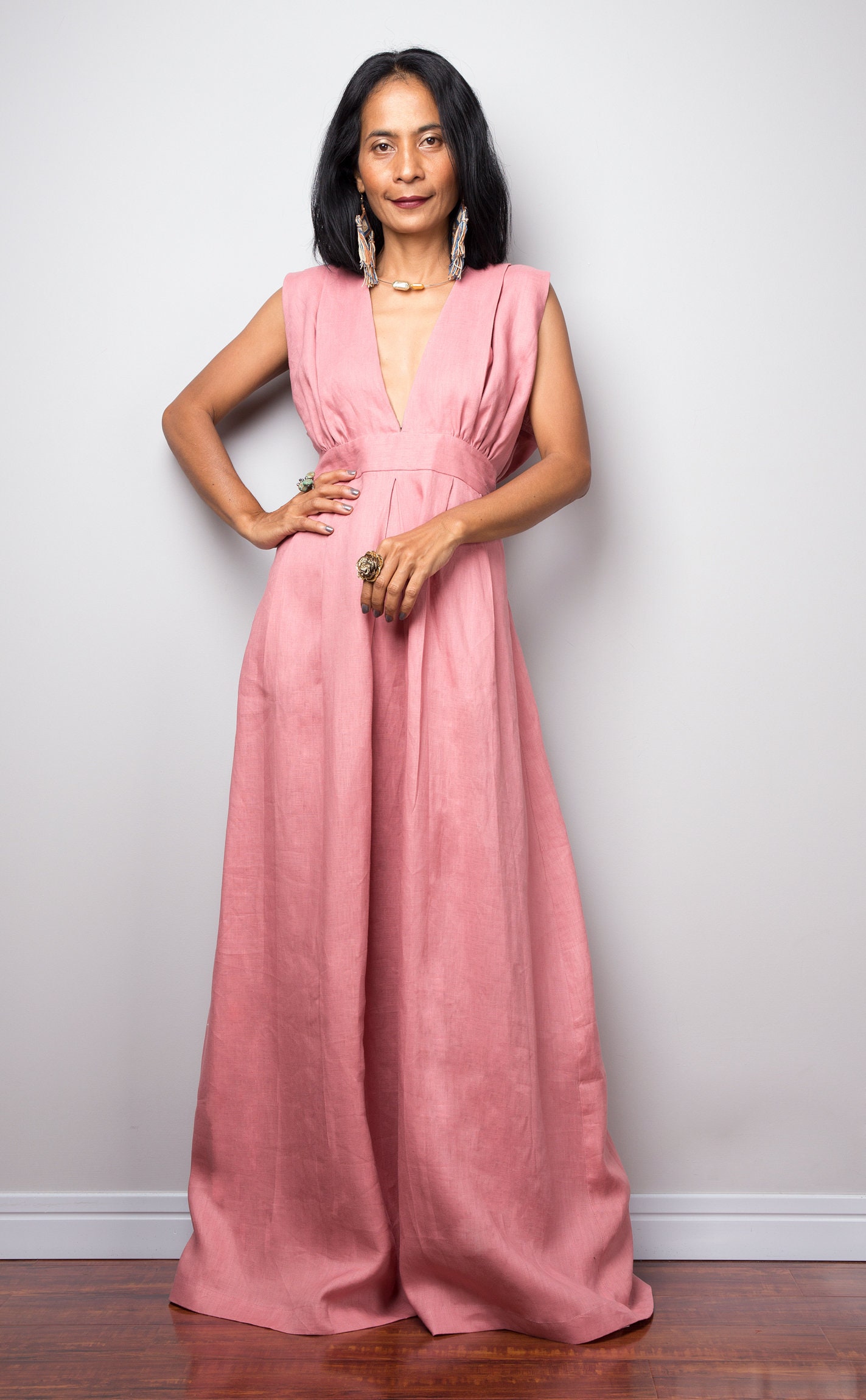 Linen Dress Sleeveless Pink Maxi Dress 