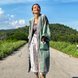 Open front cardigan, Green hemp coat, Handwoven hemp duster , Soft green tie dye coat with Hmong embroidery details image 6