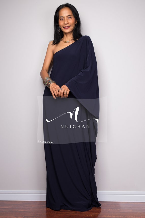 Navy Blue One Shoulder Dress, Long Blue Kaftan Maxi Dress, Off Shoulder Evening Dress, Wedding Guest Dress