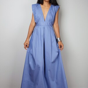 Sleeveless Blue Bridesmaid Dress, A High waist maxi dress with plunging neckline OS2 image 3