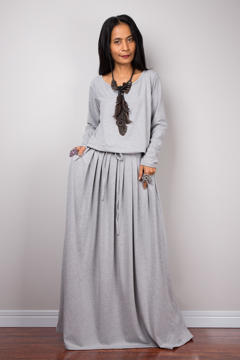 Women's long sleeve grey maxi Dress with pockets handmade | Etsy