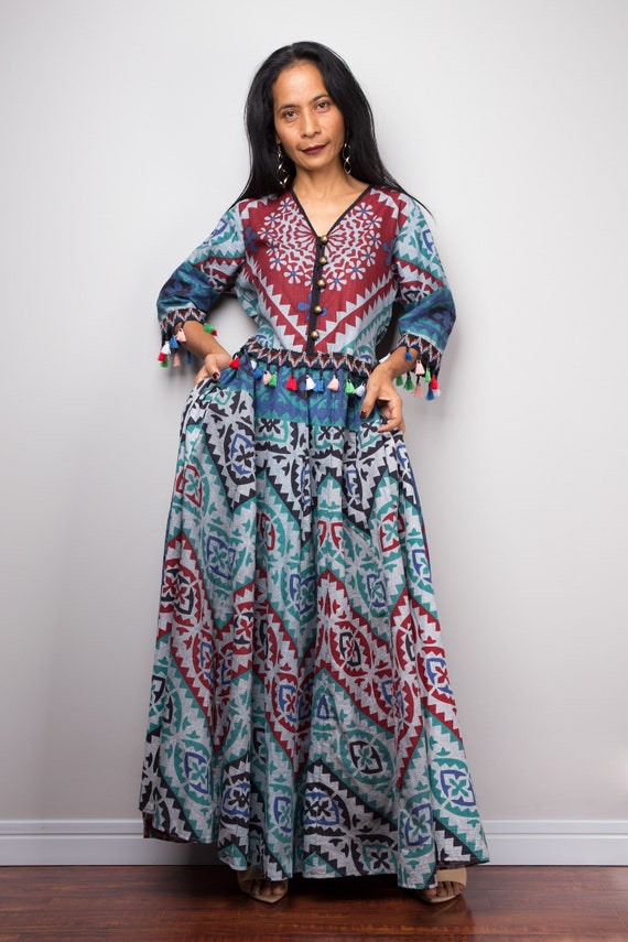 Boho Dress Cotton Maxi Dress Blouson 