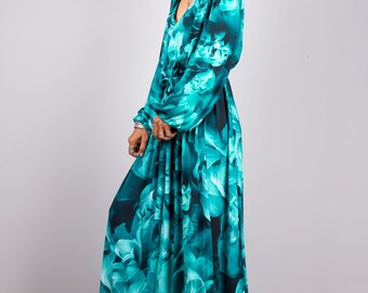 chinese dress ladies Turquoise Chiffon V-Neck Smocked Waist Maxi Dress – PinkBlush main image 0