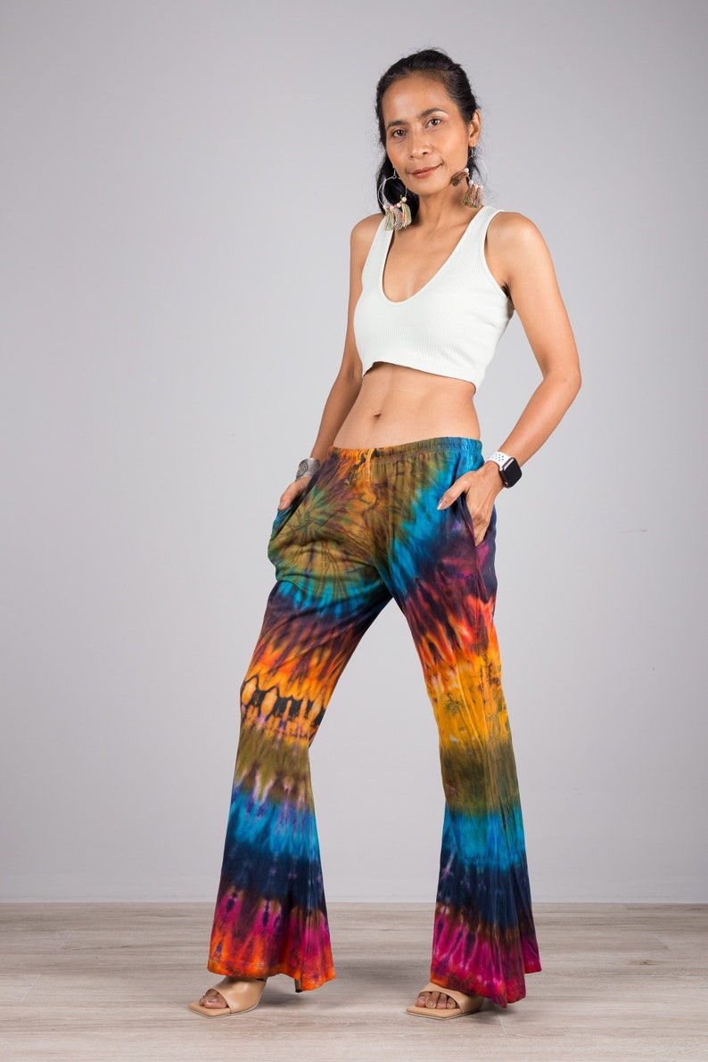 Boho hippie flare pants Wide leg pants Tie dye rainbow summer pants Flare bell bottoms pants image 1