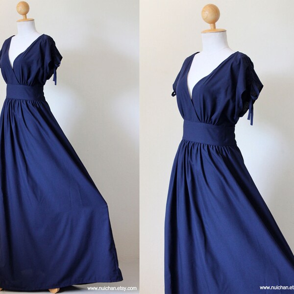 Navy Blue Maxi Dress - Sleeveless or Short Sleeve Cotton Evening Dress : Classy Gorgeous Collection