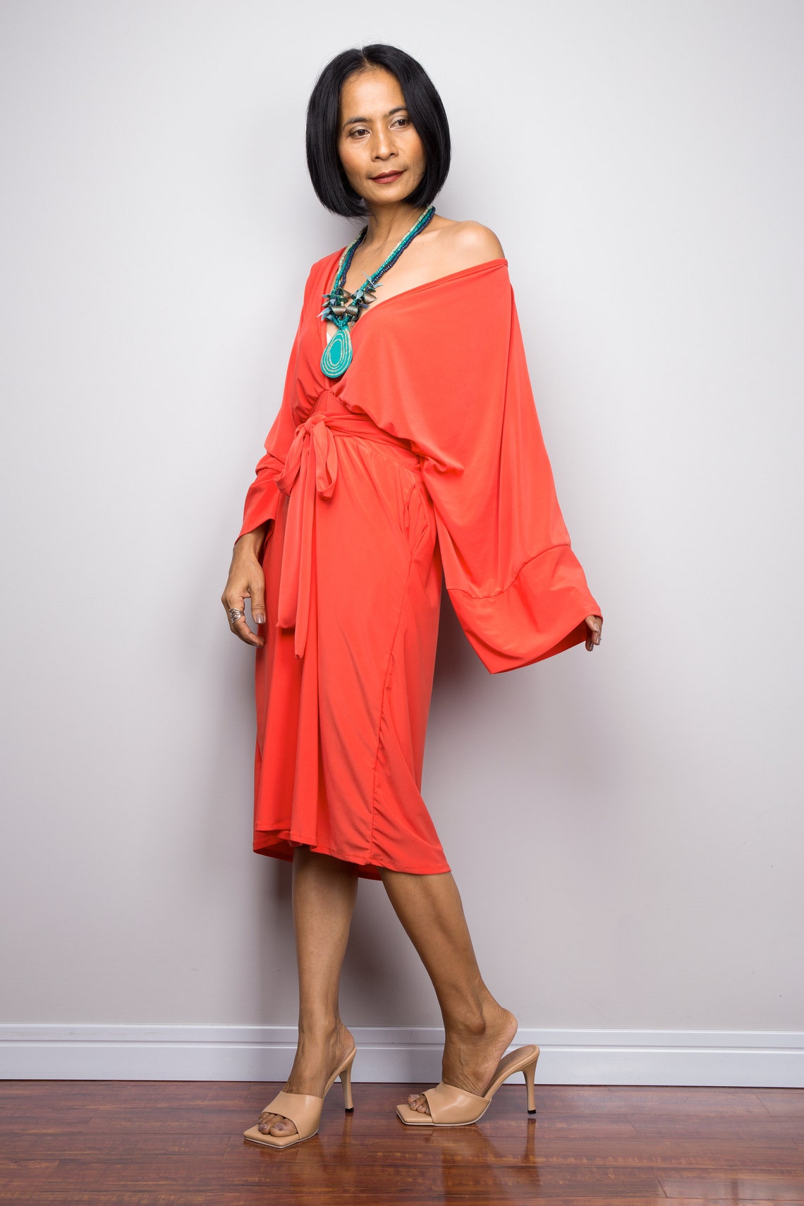 Orange midi dress short orange dress with long sleeves Etsy