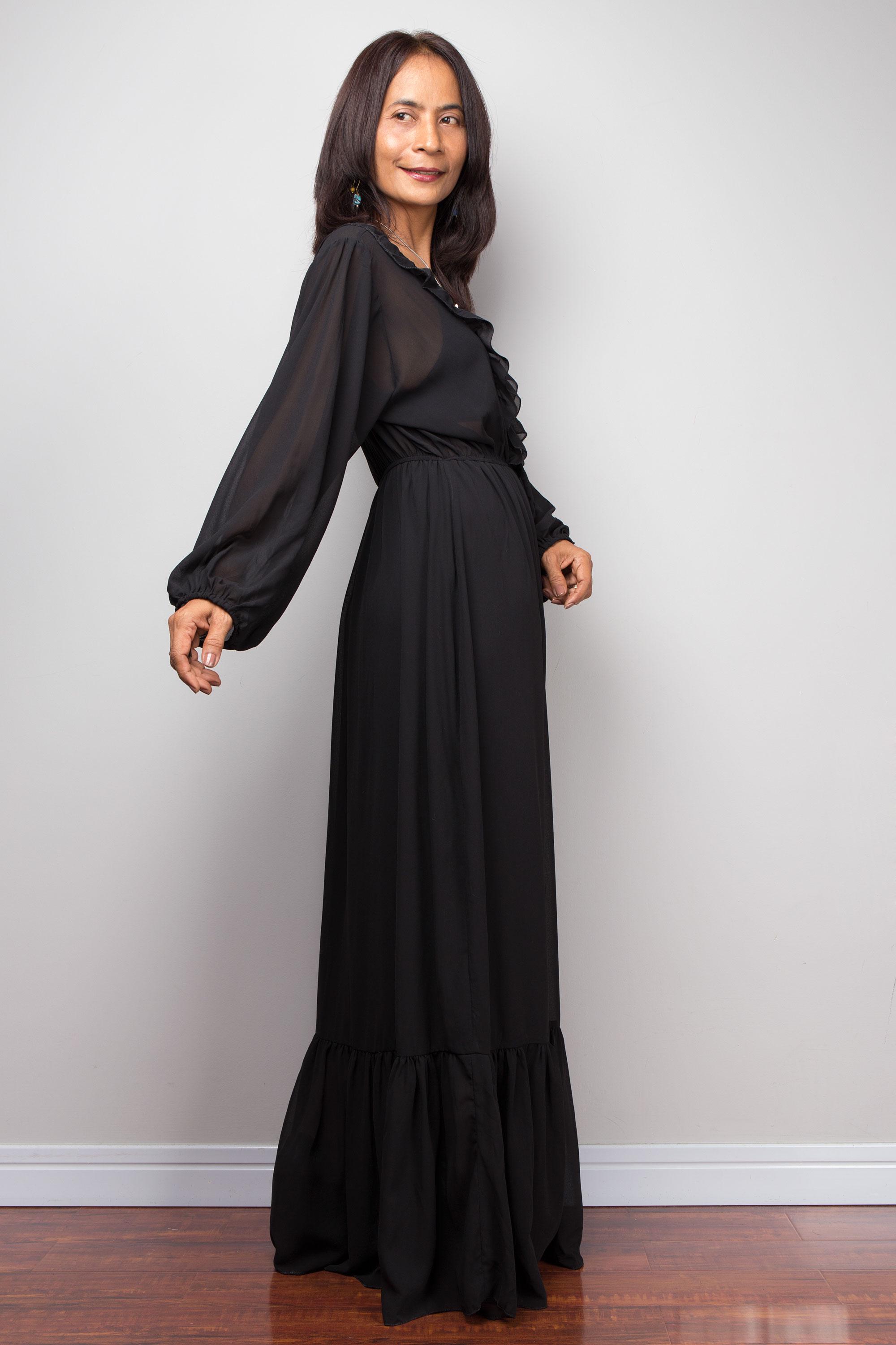 Black Chiffon Maxi Dress, Sheer Boho Ruffle Long Dress