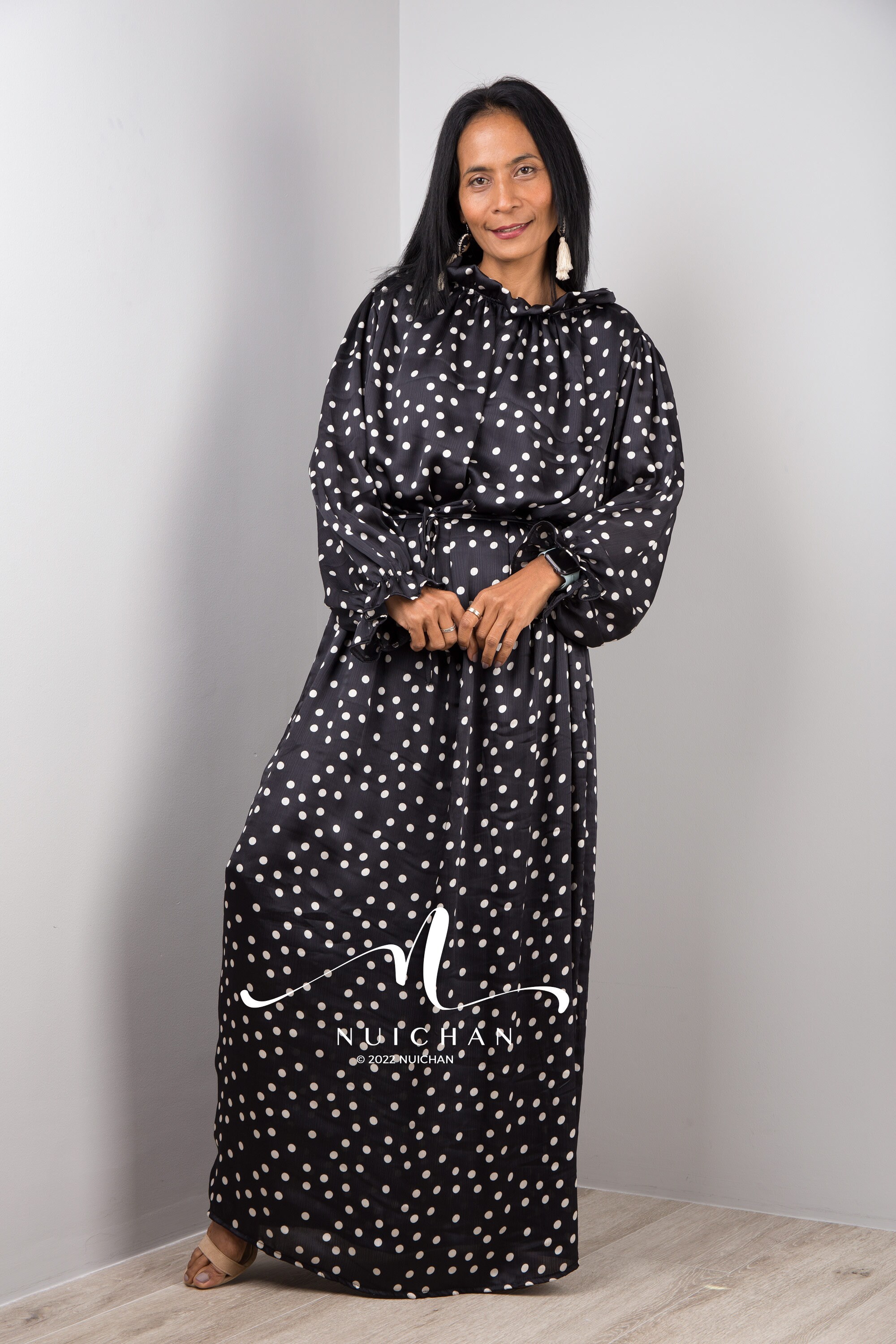 Black Chiffon Dress, Polka Dot Maxi Chiffon Dress Women Long