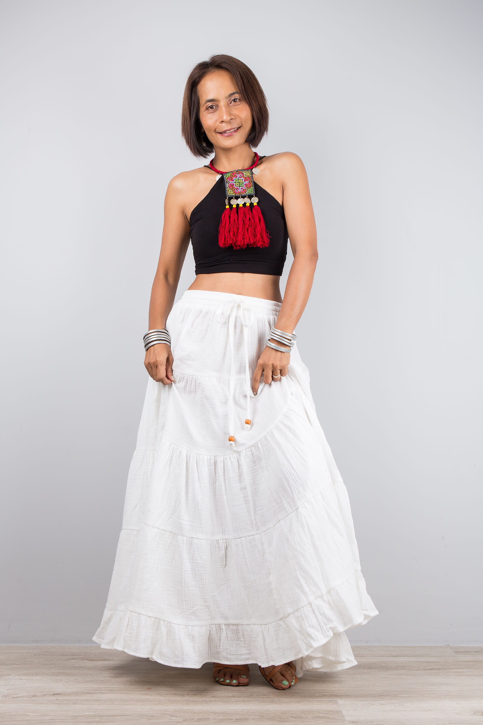 White Cotton Skirt for Women Tiered Maxi Skirt Long off White