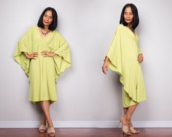 Kaftan Kleid, Kaftan Midi Kleid, Oversize Tunika Kleid, Grün Gelb lässiges Kleid, kurzes Kimono Top Kleid