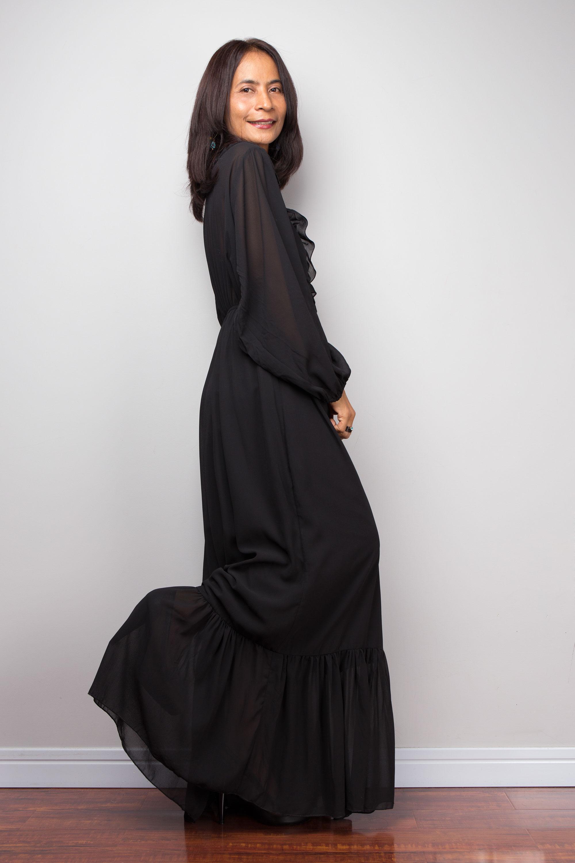 ブラックシフォンマキシドレス、シースルーフリルロングドレス