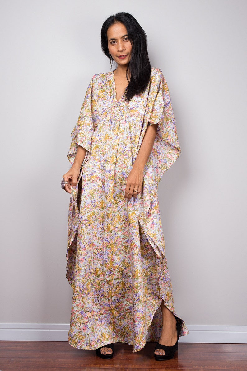 Blumen Kaftan lockere Passform Maxikleid Oversized Kaftan Kleid, Grün Rosa Baumwollkleid FU1C Bild 6