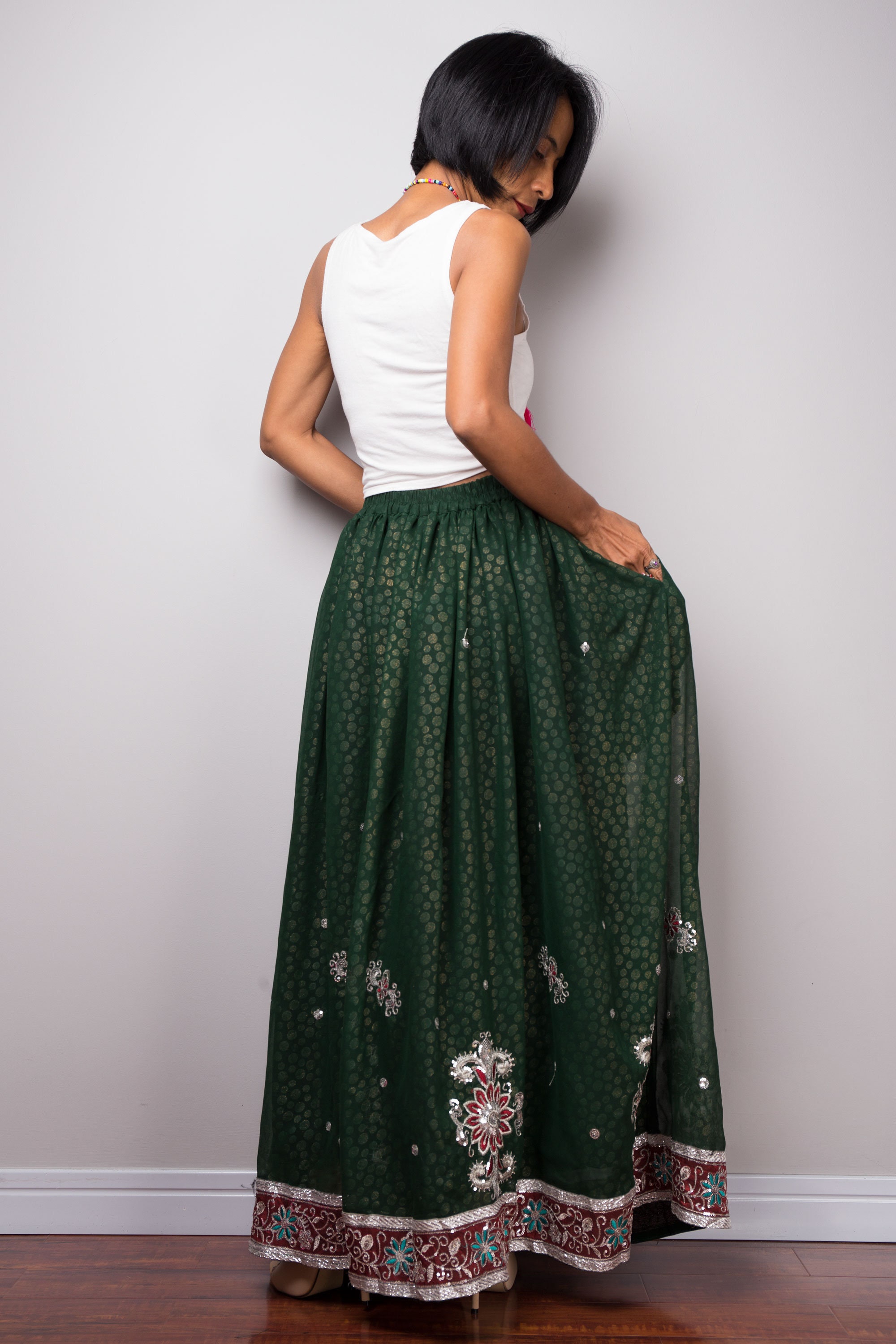 Green Saree Skirt Gathered Sari Maxi Skirt Long Boho Green Etsy