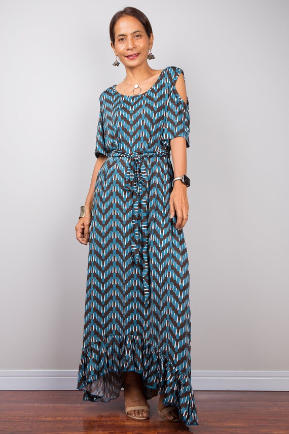 green emerald velvet dress Cold Shoulder Maxi Dress - Turquoise