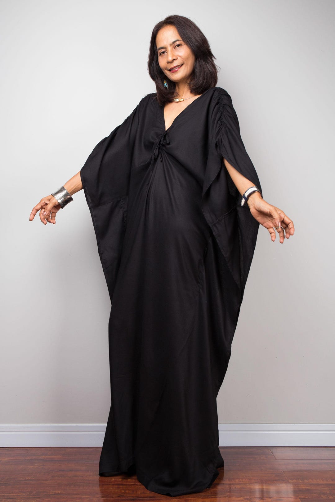 Black Kaftan Maxi Dress: Flowy Lounge Dress, One Size (S-XL)