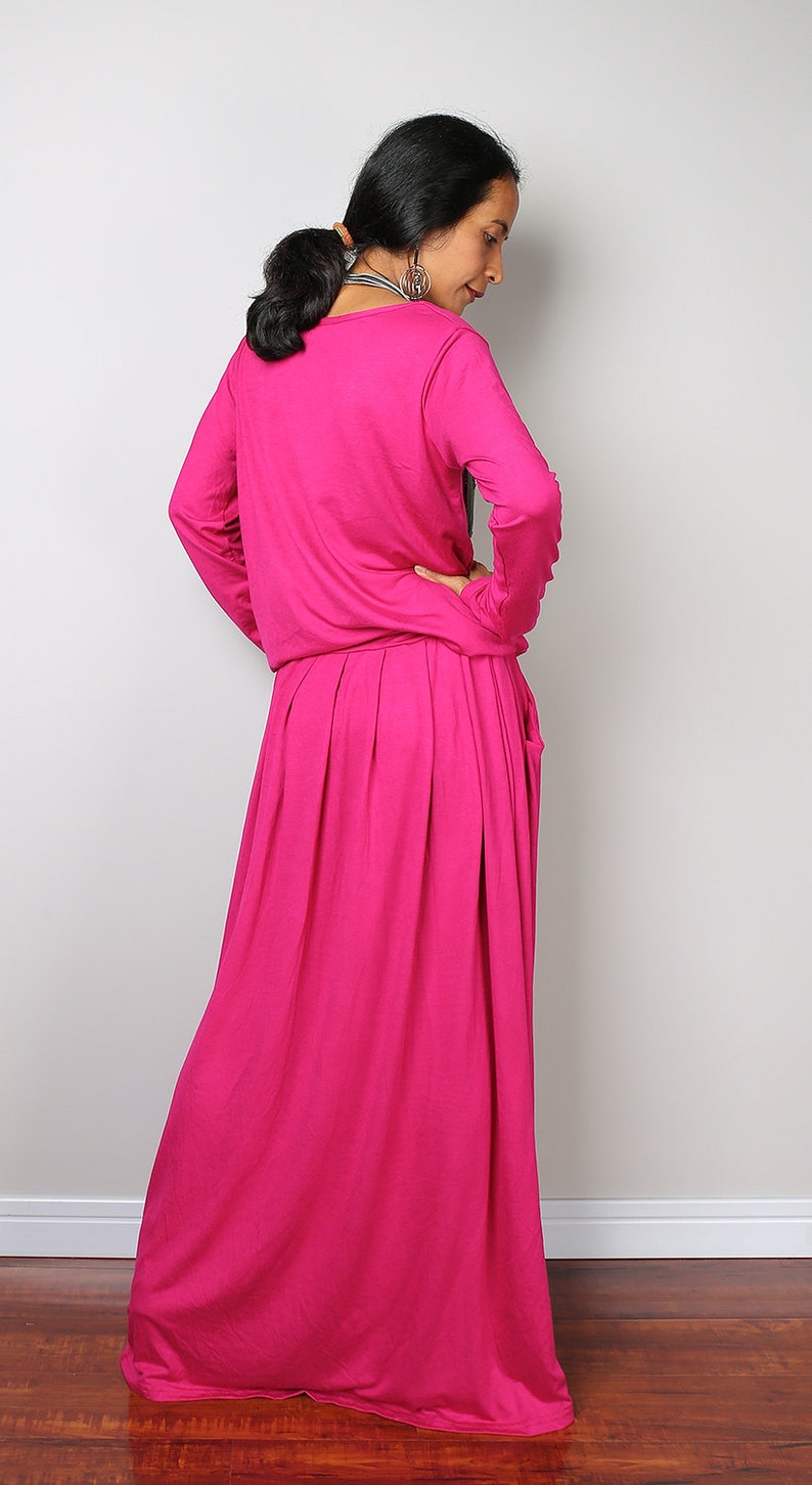 Pink Long Maxi Dress with sleeves Hot pink women's full | Etsy