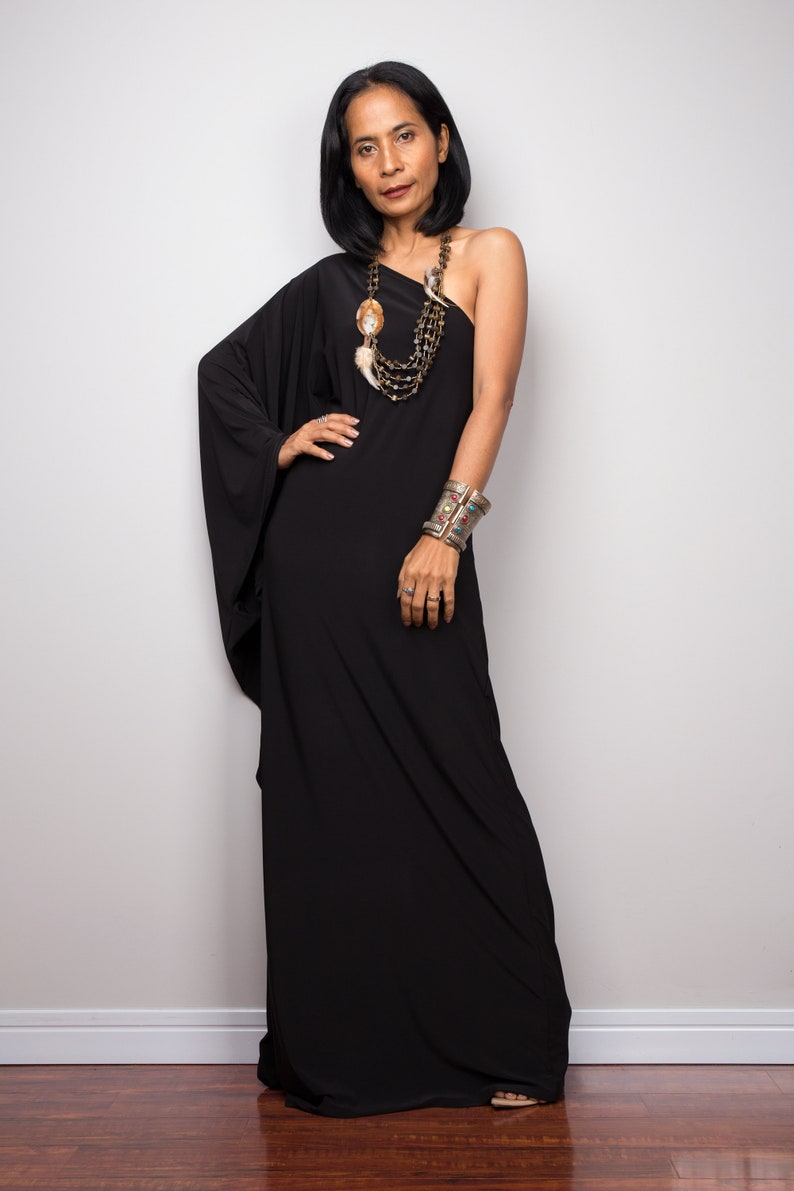 Black one shoulder dress, Long black kaftan dress, Off shoulder evening dress, cocktail dress, black party dress, caftan maxi dress