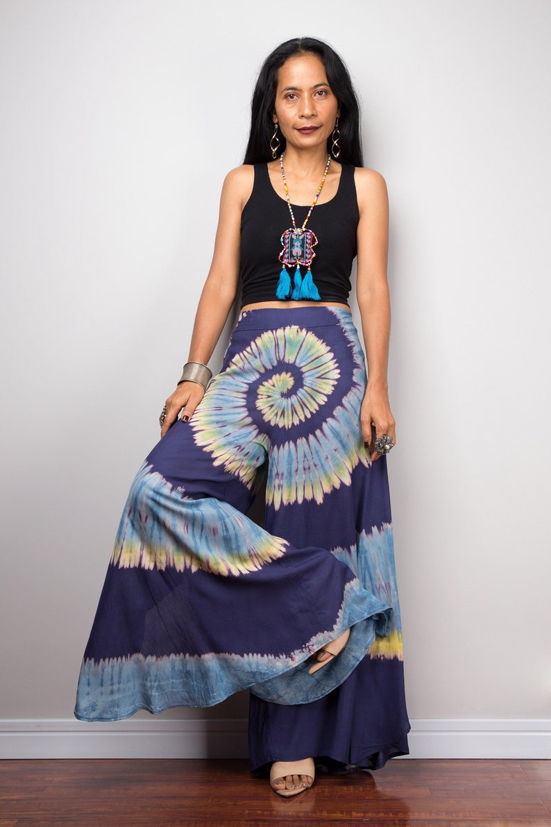 Hippie gypsy pants Teal Wide leg pants Tie Dye pants Flare bell bottoms pants with split