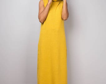 Yellow Dress, Mid Length Turtleneck Dress, Split Dress