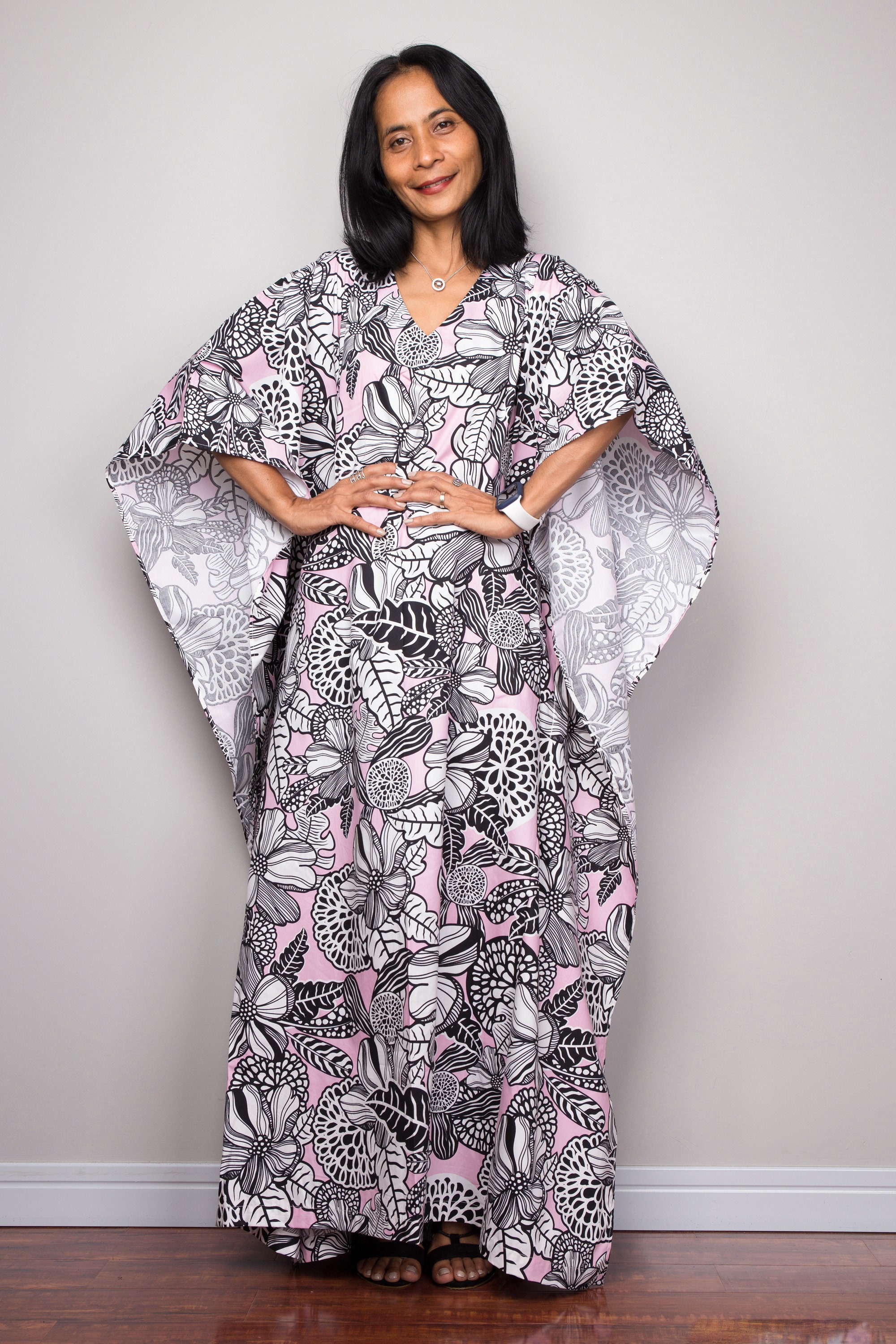 パーティードレス Floral Cotton Printed Midi Kaftan Dress Floral Caftan Dress, Cotton Kaftan, Flower Print Maxi Dress