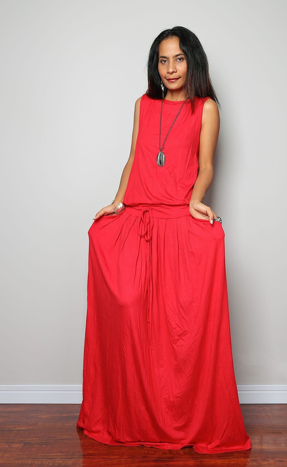 Plus size sleeveless Red Maxi Dress High waist pleated | Etsy