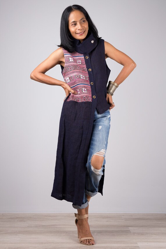 Asymmetrische Duster jas Mouwloze Hmong jurk Kleding Meisjeskleding Tops & T-shirts Tunieken Bergstam tuniek jurk Vintage Hmong stof ontwerp 