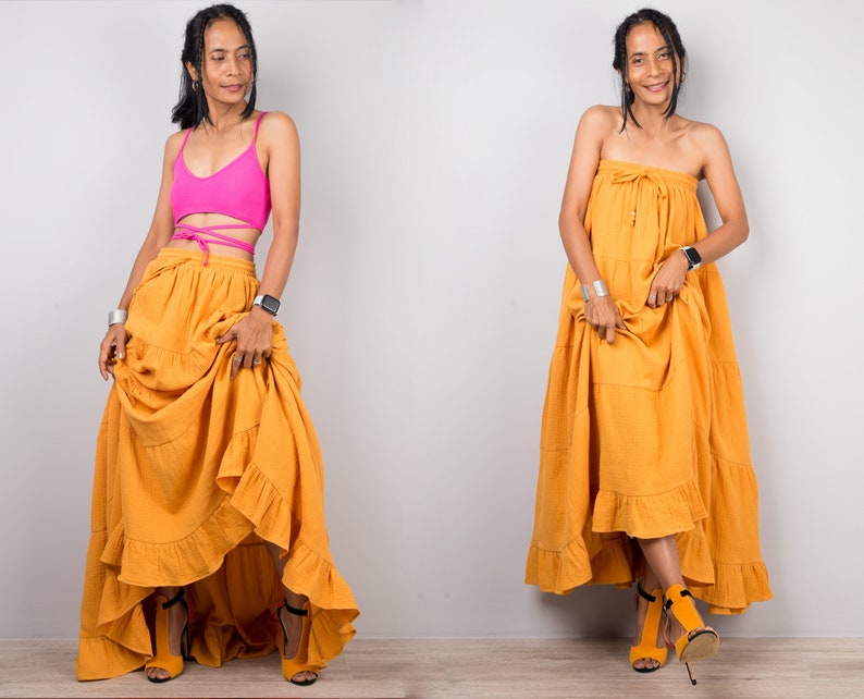 Women's Boho Orange skirt, Tiered peasant maxi skirt, Long skirt, Mamma mia skirt, double cotton gauze skirt, flare skirt, skirt with pocket 