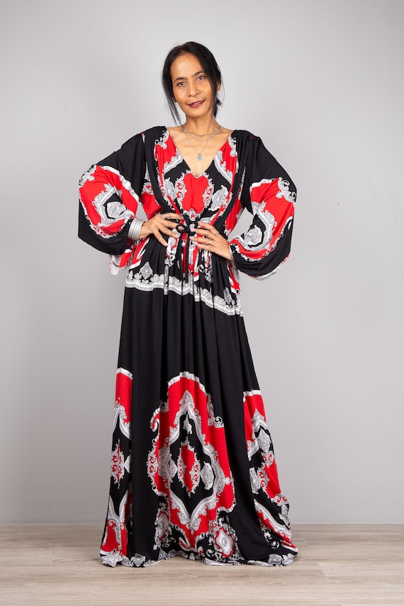 Boho Maxi Dress, Red & Black Print, Long Sleeve Evening Gown
