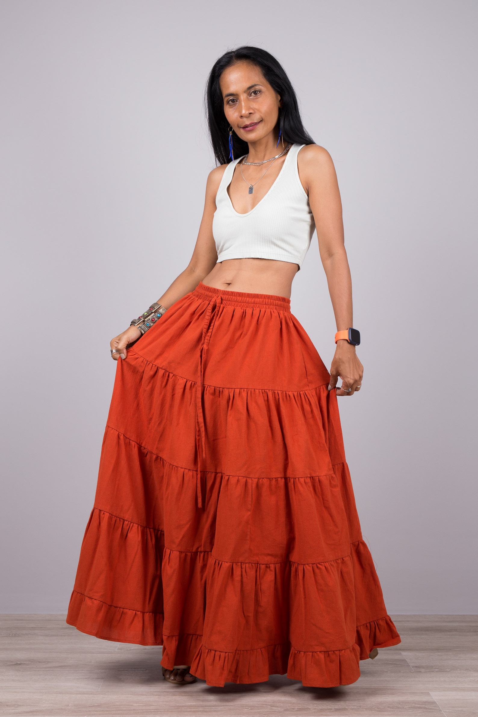 Orange skirt Tiered peasant maxi skirt Long orange skirt Etsy