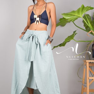 Cotton Wrap Skirt for women. A cotton gauze summer Skirt.  Asymmetrical organic cotton skirt in soft green.  Beach holiday resort skirt.