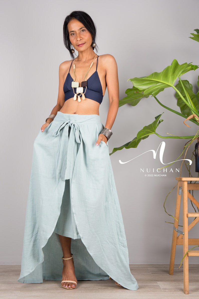 Cotton Wrap Skirt for women. A cotton gauze summer Skirt.  Asymmetrical organic cotton skirt in soft green.  Beach holiday resort skirt.