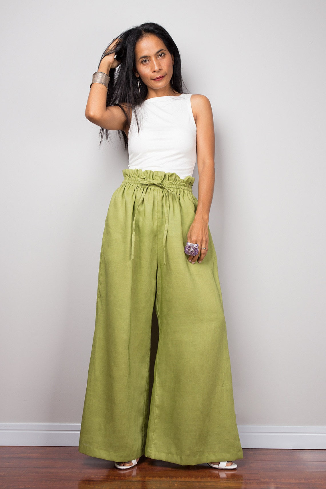 Womens Summer Wide Leg Pants Casual Loose Boho Floral Printed Palazzo Pants High Waist Baggy Trousers With Pockets