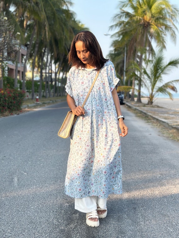 sachin and babi light blue dress Green Motif Hand Printed Caftan, KA04-RA05, Caftan Dress, Kaftan Dress, Stylish, Elegant, Miami, Lbiza, Holiday Dress, Evening Dress, Loose main image 0
