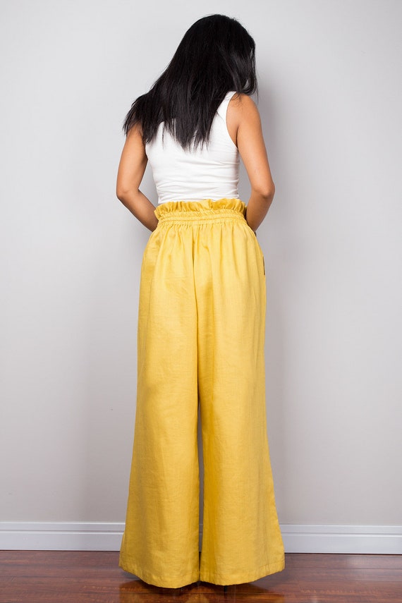 Yellow Linen Trousers, Handmade Long Wide Leg Palazzo Pants With Pockets.  Yellow High Waist Women's Summer Linen Pants, Natural Linen Pants 