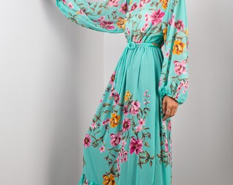 Floral Chiffon Maxi Dress: Mint Green Ruffle Gown