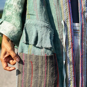 Open front cardigan, Green hemp coat, Handwoven hemp duster , Soft green tie dye coat with Hmong embroidery details image 4