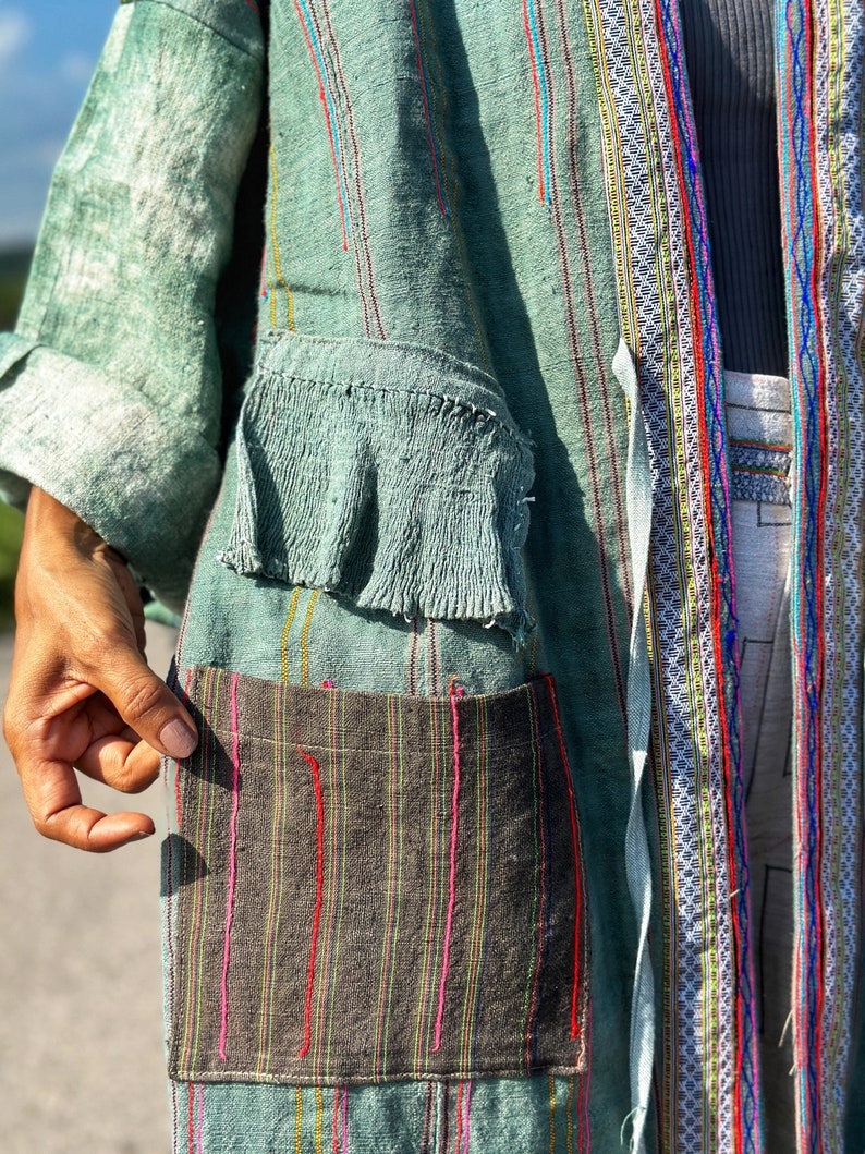 Open front cardigan, Green hemp coat, Handwoven hemp duster , Soft green tie dye coat with Hmong embroidery details image 4