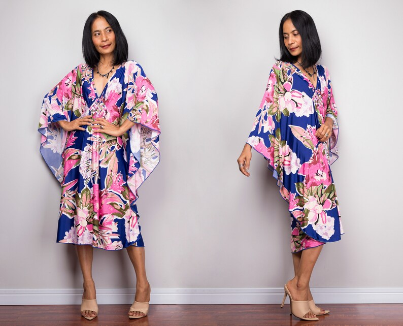 Short Floral Kaftan Dress Caftan Midi Dress Oversize Tunic | Etsy