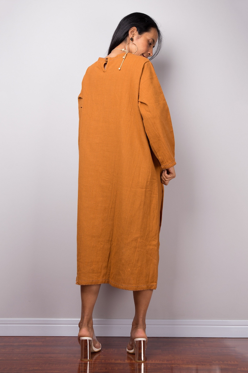 Long Sleeve Midi Dress With Pocket Loose Fit Orange Cotton Etsy