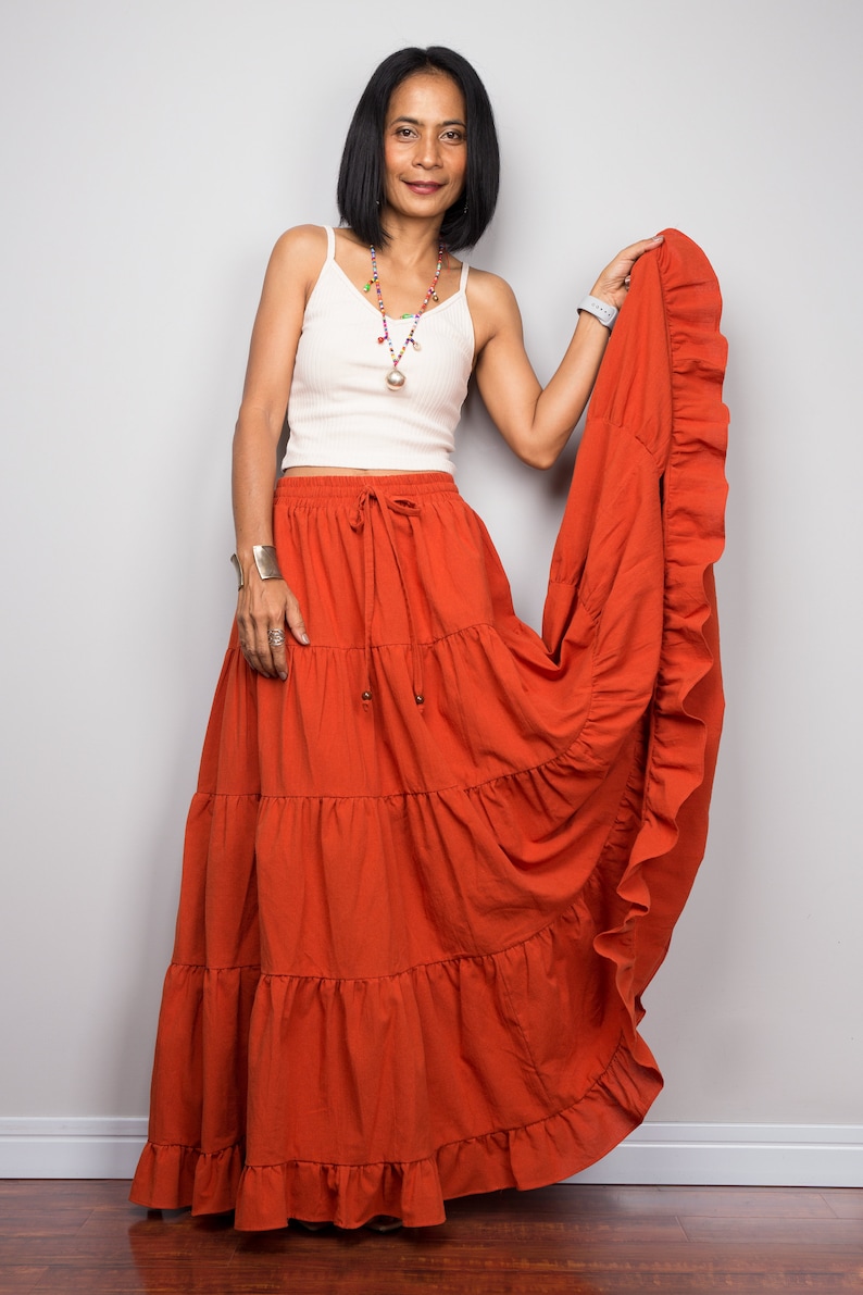 Tiered orange peasant maxi skirt Long orange skirt Mamma Etsy
