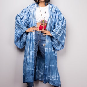 Shibori Kimono Cardigan, Tie dye duster vest, Summer Vest, Blue and white duster, Wrap Cape, Long Sleeved Cardigan, Indigo Beach cover image 5