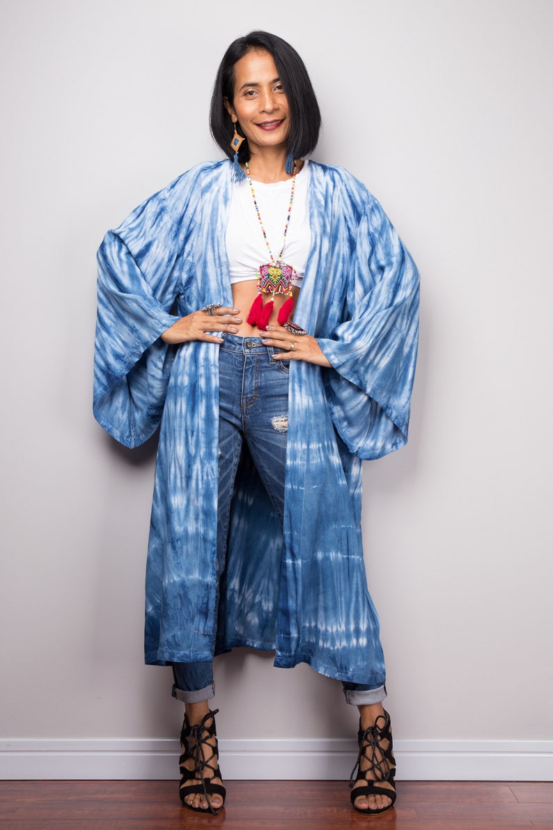 Shibori Kimono Cardigan, Tie dye duster vest, Summer Vest, Blue and white duster, Wrap Cape, Long Sleeved Cardigan, Indigo Beach cover image 5